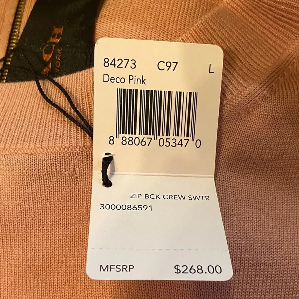 NWT FLAWED Coach Merino Wool Zip Back Deco Pink Crew Sweater Size Large